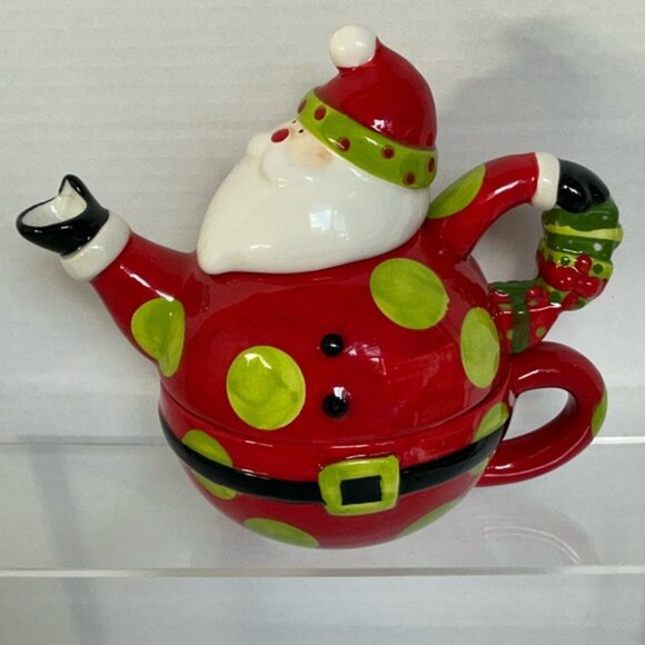 Vintage Santa Teapot Tea For One Holiday Red Green Polka Dot Crackle Barrel - Picture 2 of 16